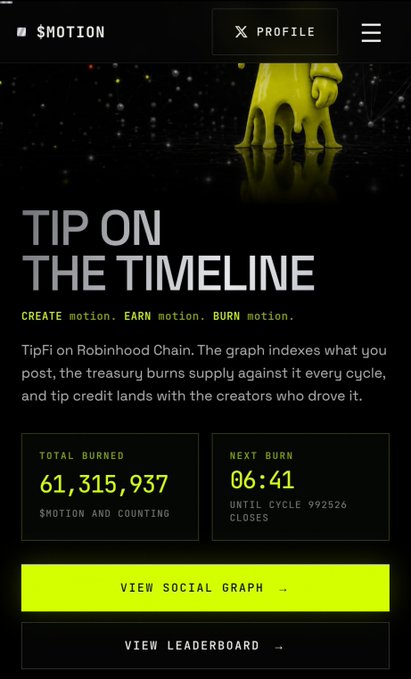 A dark-themed landing page for $MOTION cryptocurrency promoting 'TIP ON THE TIMELINE' on Robinhood Chain, showing 61,315,937 total burned and a next burn countdown of 06:41.