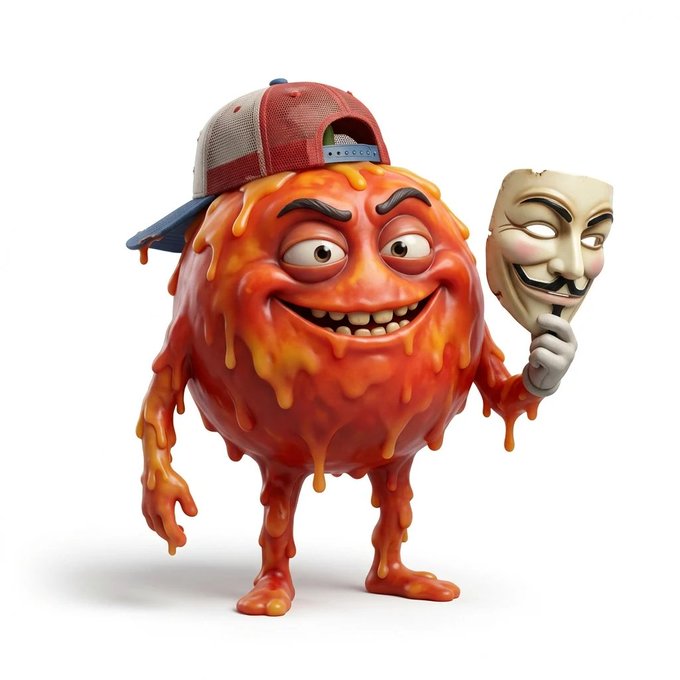 A 3D rendered character of a melting orange slime or blob wearing a backwards red and white baseball cap, holding a Guy Fawkes mask.