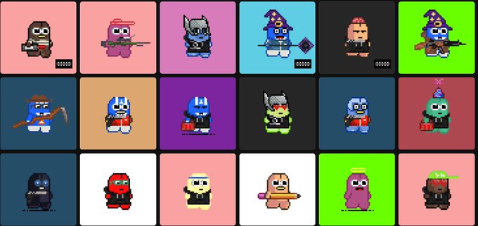 A grid of 18 pixel-art character sprites featuring various figures in colorful uniforms, including characters with hats, armor, and weapons, set against solid color backgrounds.