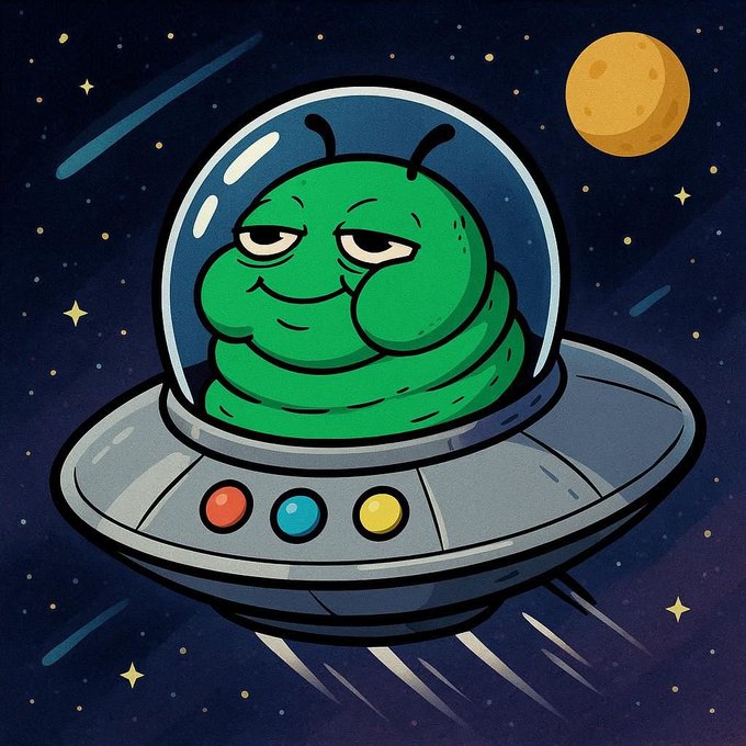 A cartoon illustration of a smug-looking green alien in a flying UFO with colorful lights, set against a starry night sky with a yellow moon.
