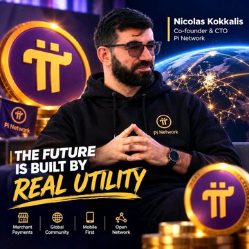 Promotional image of Nicolas Kokkalis, Co-founder & CTO of Pi Network, wearing a black hoodie, with text reading 'THE FUTURE IS BUILT BY REAL UTILITY' and icons for Merchant Payments, Global Community, Mobile First, and Open Network.