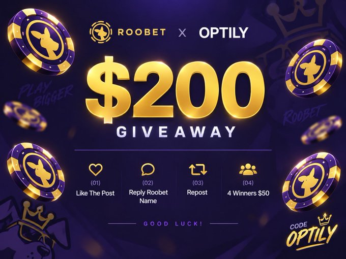 A promotional graphic for a "$200 GIVEAWAY" featuring ROOBET x OPTILY collaboration, with entry steps (Like the Post, Reply Roobet Name, Repost) for 4 winners of $50 each. However, this contradicts the accompanying post, which claims to give only "$15 to 1 person" via liking and commenting with Solana addresses—suggesting the image is either misleading, unrelated, or being misused to lend false credibility to a smaller or different giveaway.