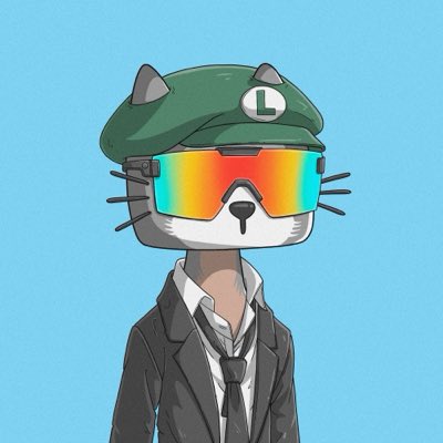 An NFT-style cartoon illustration features a character with a cat head wearing a green Luigi-style cap with an 'L' emblem, rainbow reflective sunglasses, and a black suit with tie against a light blue background.
