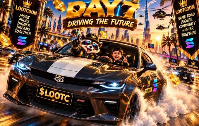 A promotional graphic for 'LOOTCOIN' ($LOOTC) featuring a panda and a young man in a sports car with the slogan 'DAYZ DRIVING THE FUTURE,' highlighting themes of 'MORE MILES BIGGER DREAMS TOGETHER' and 'SAME ROAD BIGGER COMMUNITY HIGHER TOGETHER.'