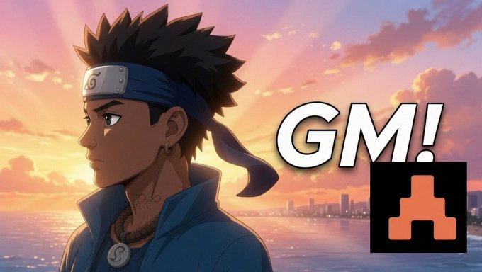 An anime-style character with dark hair and a headband stands in profile against a sunset over water, with large 'GM!' text and an orange Arch logo on the right.