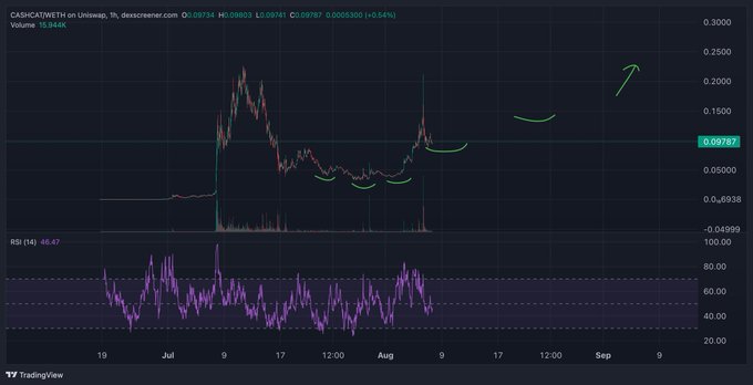 The image shows a TradingView chart of CASH/GATE on Uniswap, with the current price at 0.09787, displayed alongside an RSI indicator at 48.67 and green annotations suggesting a bullish cup-and-handle pattern. The caption "Cash Cat probably goes to billions imo" reflects the optimistic sentiment implied by the upward arrow annotation, predicting significant price growth for the CASH token.