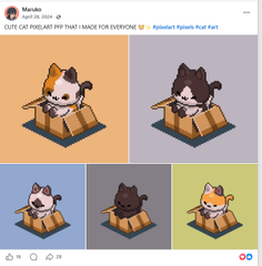 A tweet from Murako dated 09-08-2024 asking for an icon, showing five cartoon cats in cardboard boxes with different colored backgrounds.