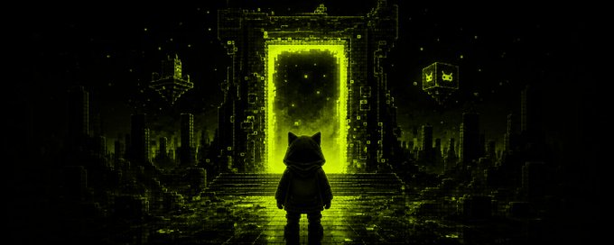 A pixel-art figure stands before a glowing green portal in a dark, futuristic cityscape. The image complements the early-alpha @Bappfun project details: a free-mint Bapp NFT from a supply of 1,000 on the Robinhood chain, with 200K $BAPP burned for $BAPP whitelist eligibility and potential ETH rewards.