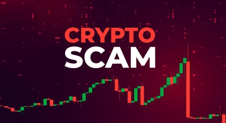 Dark-themed warning graphic with bold red and white text reading 'CRYPTO SCAM' overlaid on a candlestick chart showing a sharp price drop on the right side.