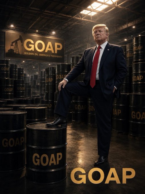 An AI-generated image of a Donald Trump-like figure in a suit standing among oil barrels labeled 'GOAP' (Golden Oil America's Prosperity) in a warehouse setting.