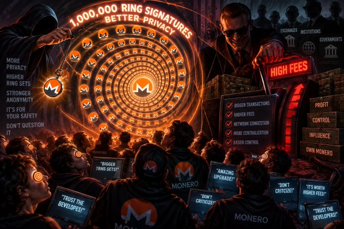 An illustration promoting Monero (XMR) cryptocurrency, featuring text like '1,000,000 RING SIGNATURES, BETTER PRIVACY' and 'HIGH FEES' with crowds holding phones.