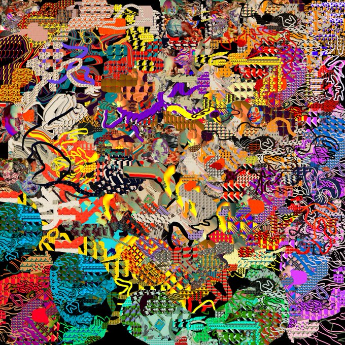 A vibrant, chaotic digital artwork featuring densely layered abstract patterns, textures, and colorful graffiti-like elements in a maximalist style.
