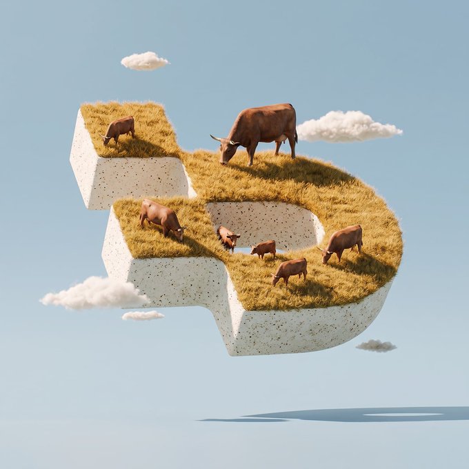 A 3D rendered sculpture shaped like a curved arrow or swoosh, covered in grass on top with several brown cows grazing, floating against a light blue sky with scattered clouds.
