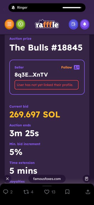 A mobile screenshot of a Raffle auction page shows a current bid of 269.697 SOL for 'The Bulls #18845' with 3m 25s remaining.