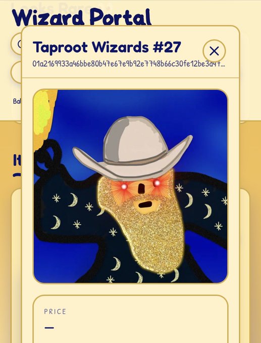 A screenshot of a "Wizard Portal" app shows "Taproot Wizards #27" NFT for sale, featuring an illustration of a bearded wizard with a cowboy hat, glowing red eyes, and a starry night background.