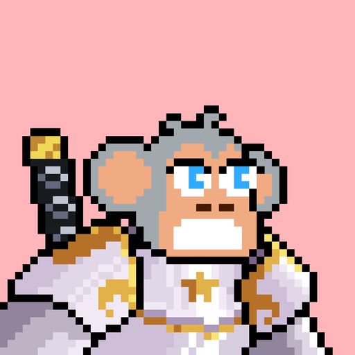 Pixel art of an angry older man with gray hair, wide blue eyes, and gritted teeth, wearing a white and gold robe against a pink background.