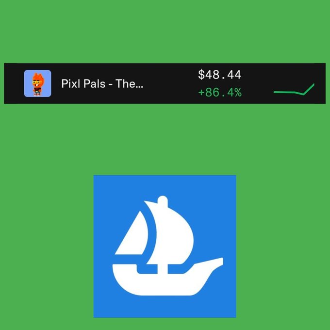 A graphic showing a cryptocurrency or token called 'Pixl Pals - The...' priced at $48.44 with an +86.4% gain on a green background, accompanied by a blue sailboat icon below.