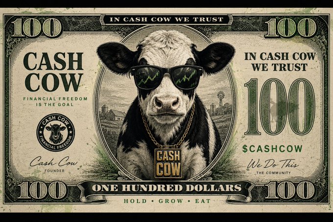 A stylized $100 bill design features a cow wearing sunglasses with an "I see green" reflection, a gold "$CASH COW" chain, and text reading "IN CASH COW WE TRUST," "FINANCIAL FREEDOM IS THE GOAL," and "HOLD • GROW • EAT," with the contract address "$CA:0x3207d891ddd0db2981a6976b58b22e27c0699b4b" tying the meme imagery to the Cash Cow crypto project.
