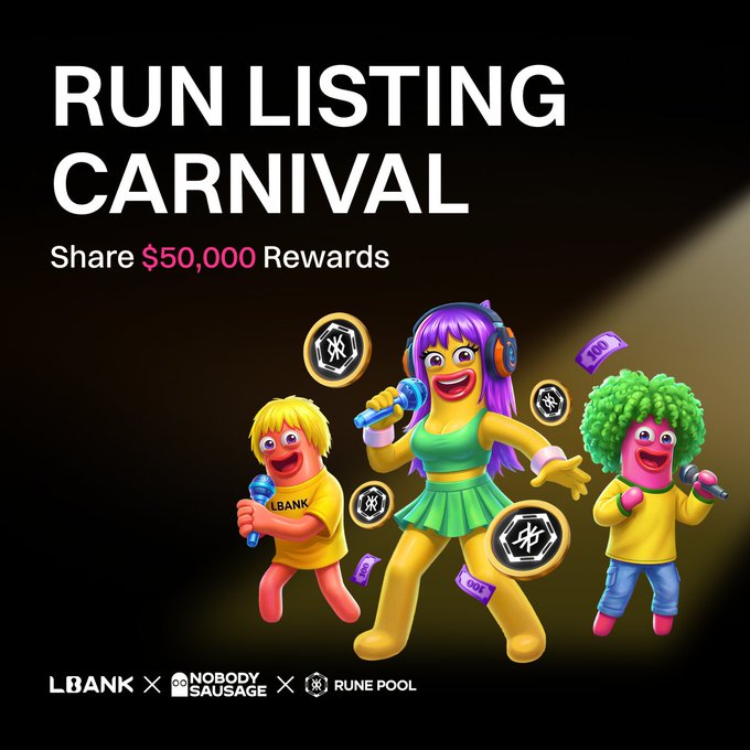 urn listing carnival poster with three cartoon characters, a woman singing and dancing, and a man holding a microphone, promoting a $50,000 rewards program for sharing $50,000 rewards.
3