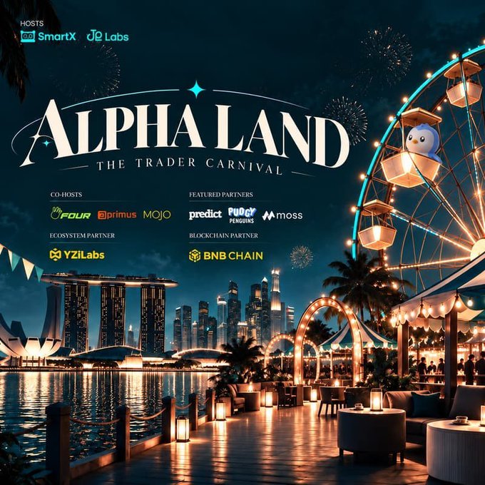 Promotional poster for "ALPHA LAND: The Trader Carnival," hosted by SmartX and JE Labs on October 8 in Singapore, featuring the iconic Marina Bay Sands skyline, a festive Ferris wheel, and listed partners including co-hosts Primus and Mojo, featured partners Predict, Pudgy Penguins, and Moss, and sponsors YZiLabs and BNB Chain.
