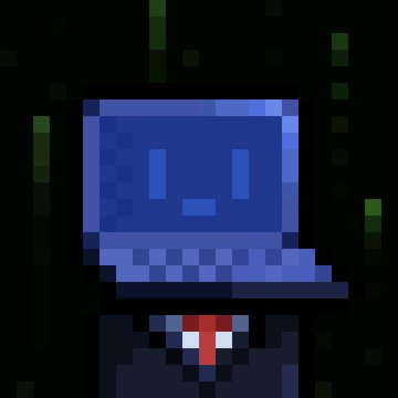 A pixel art illustration of a blue character with a TV-like head, red tie, and small smile against a dark background.