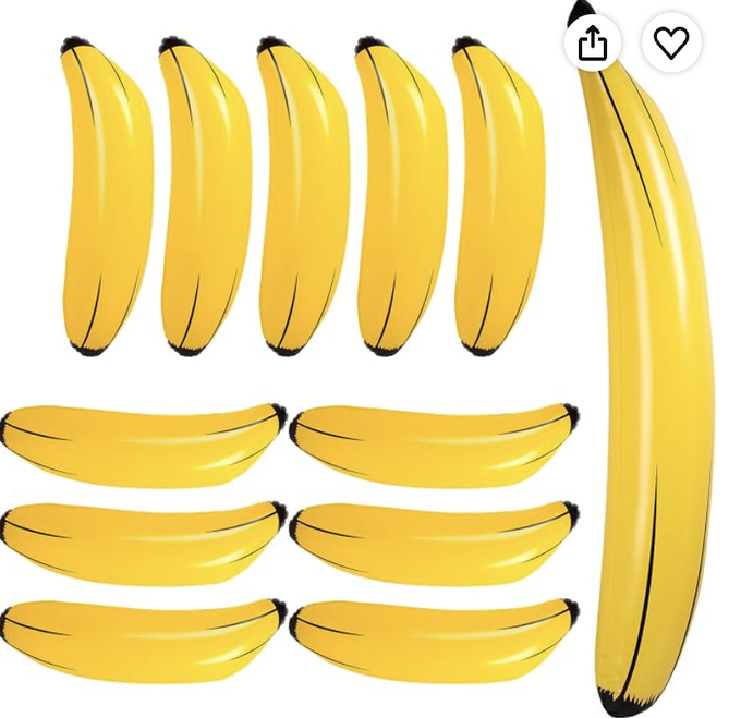 An illustration of yellow bananas arranged like a flag with five vertical bananas and six horizontal bananas, plus share and like icons in the corner.