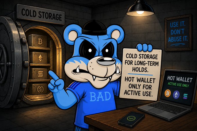 A cartoon blue bear character wearing a beanie holds a sign reading 'COLD STORAGE FOR LONG-TERM HOLDS. HOT WALLET ONLY FOR ACTIVE USE' next to a vault labeled 'COLD STORAGE' and a laptop displaying 'HOT WALLET ACTIVE USE ONLY'.
