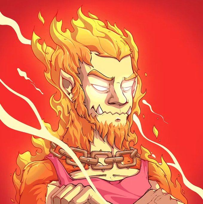 An illustration shows a character made entirely of fire with pointed ears, horns, and a metal chain around its neck against a red background.