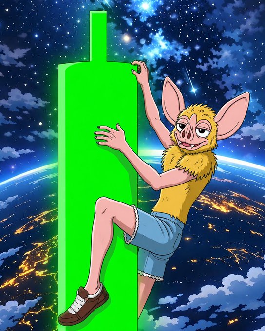 An anthropomorphic bat-like creature in casual clothing clutches a towering glowing green pillar while ascending through the starry cosmos above Earth, visually embodying the ominous sense of unstoppable ascent suggested by "nothing can stop what's coming."
