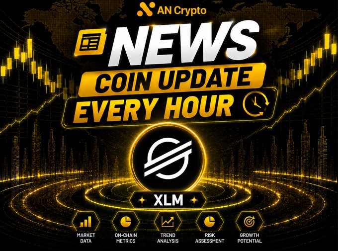 A cryptocurrency promotional graphic titled 'NEWS COIN UPDATE EVERY HOUR' by AN Crypto, featuring the 'XLM' (Stellar) logo with metrics for market data, on-chain metrics, trend analysis, risk assessment, and growth potential.