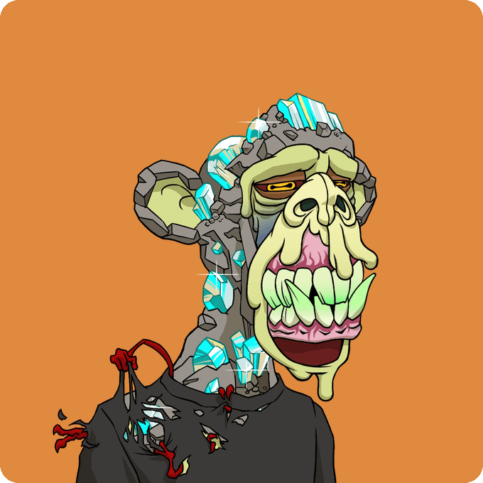 A cartoonish illustration of a green-skinned, cyclops-like creature with crystal formations on its rocky head and a tattered black shirt against an orange background.