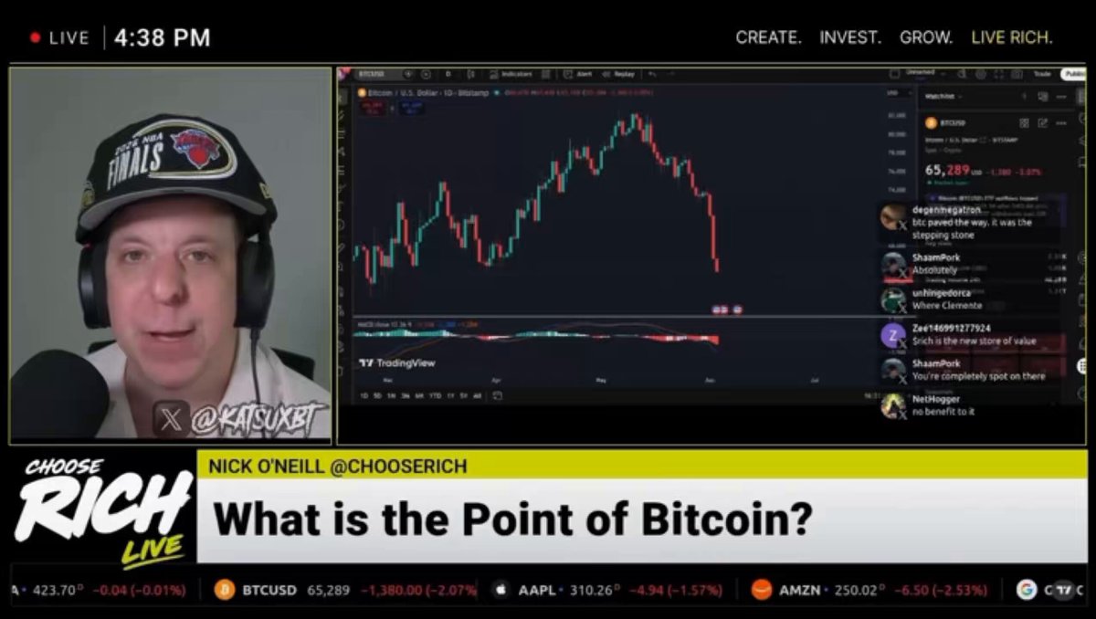 The image features a man wearing a baseball cap talking about Bitcoin on a computer screen during a live broadcast. The man appears to be discussing the point of Bitcoin, possibly comparing it to the concept of choosing between rich and poor. The image also includes text that reads "What is the Point of Bitcoin?" and "Ordinals are a cool concept in Bitcoin but they were clogging the network". This suggests that the discussion might revolve around the pros and cons or the history and future of Bitcoin, with an emphasis on its impact on financial systems and technology.