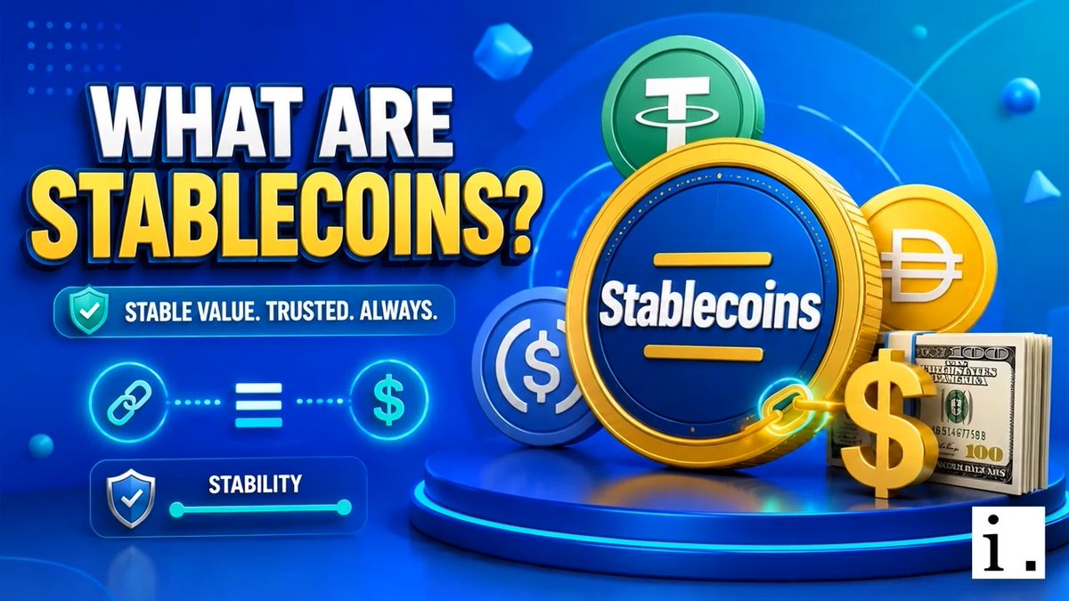 A vibrant blue promotional graphic asking 'WHAT ARE STABLECOINS?' featuring stylized cryptocurrency coins, dollar bills, and text highlighting 'STABLE VALUE. TRUSTED. ALWAYS.' and 'STABILITY'.