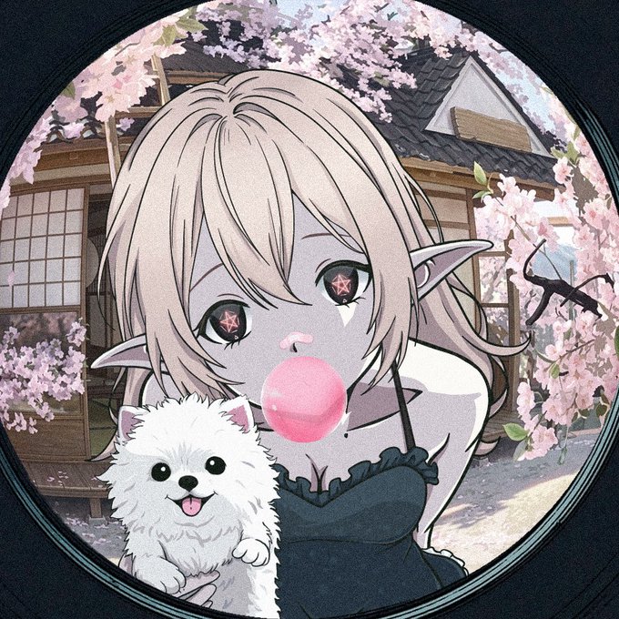 An anime-style illustration of an elf girl with blonde hair, pointed ears, star-shaped pupils, and a black dress, blowing pink bubble gum while holding a small white fluffy dog, framed within a circular border with cherry blossoms.
