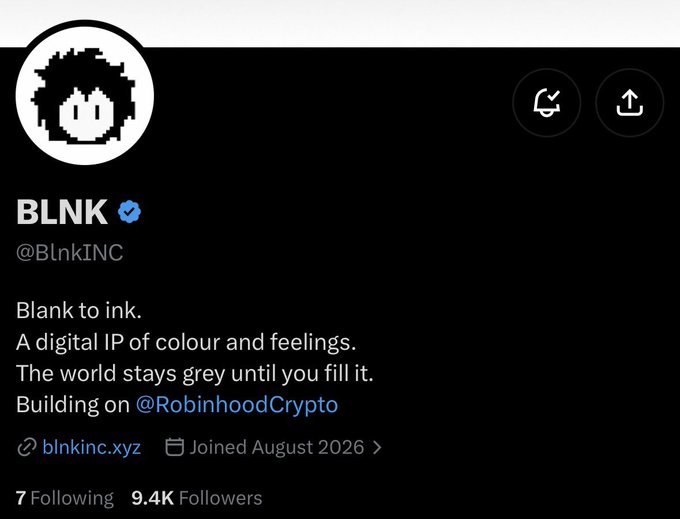 A Twitter/X profile page for "BLNK" (@BlnkINC) featuring a pixel-art avatar of a character with a black bob haircut, describing itself as "A digital IP of color and feelings" with 9.4K followers and a link to blinkinc.xyz. The profile corresponds to the NFT project mentioned in the post, which notes a supply of 4,444 and mint price of $4, with the account having joined in August 2026.