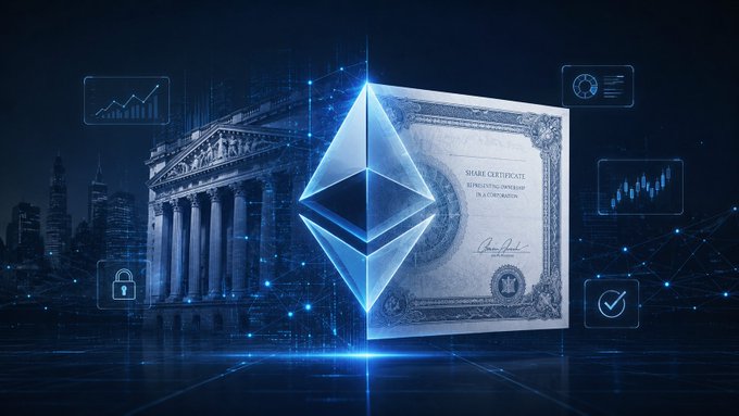 A futuristic digital illustration showing an Ethereum logo overlaid on a share certificate and a classical bank building, surrounded by glowing blue tech interfaces.