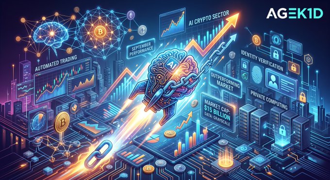 A colorful infographic titled 'AGEK1D' depicts the AI Crypto Sector, highlighting automated trading, September performance, a $19 Billion market cap for GRIDR.IO/USD, identity verification, and private computing.