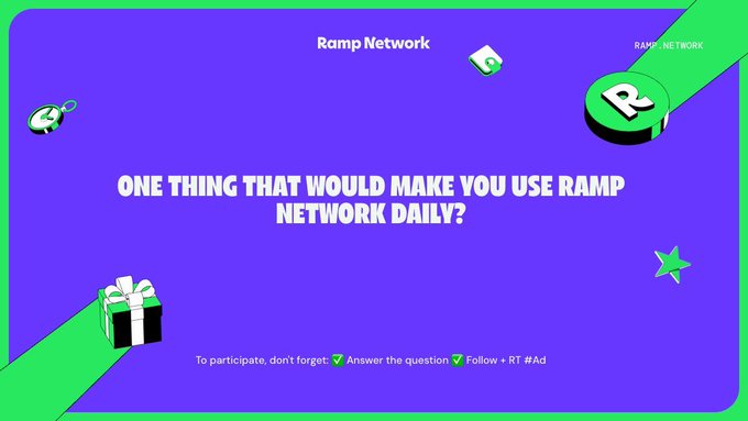 A Ramp Network promotional graphic with the question 'ONE THING THAT WOULD MAKE YOU USE RAMP NETWORK DAILY?' asking participants to answer and follow + RT #Ad.