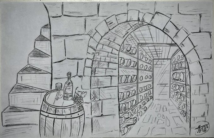 The image features an illustration of a wine cellar with a stone archway leading into the cellar, surrounded by numerous wine bottles displayed on shelves inside the cellar. The sketch also includes a barrel filled with grapes as part of the scene. The art is posted on the blockchain at $xtz.