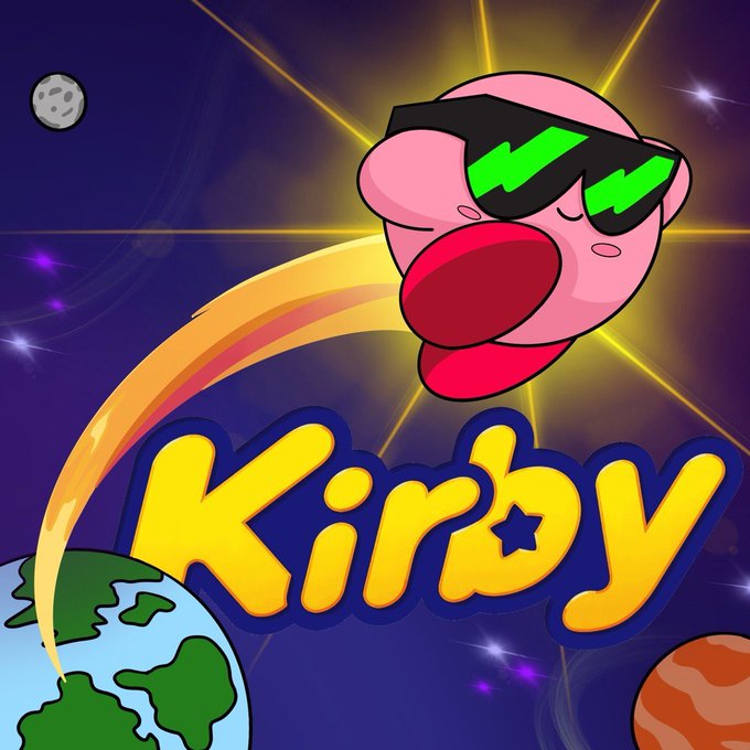 A stylized image featuring a pink Kirby-like character wearing green sunglasses in a cosmic setting with planets and stars, alongside bold yellow "Kirby" text with a star replacing the "b." The imagery playfully ties to the $KIRBY token's marketing pitch by pairing an instantly recognizable character with a catchy ticker, reinforcing the post's emphasis on brand familiarity and narrative appeal on the Robinhood Chain.