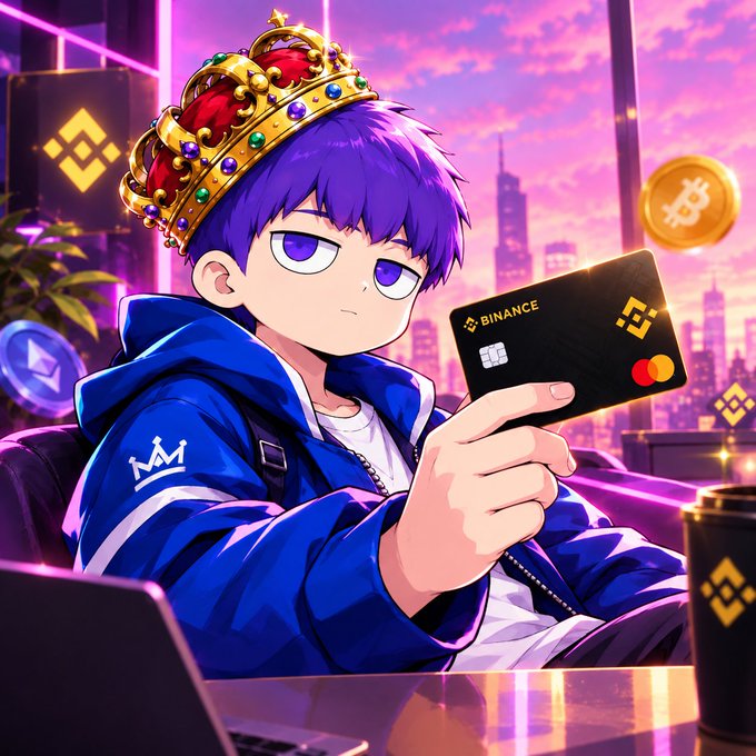 An anime-style illustration of a purple-haired boy wearing an ornate jeweled crown and blue jacket, holding a black Binance credit card, with Binance logos and a Bitcoin coin visible in the pink-hued background.