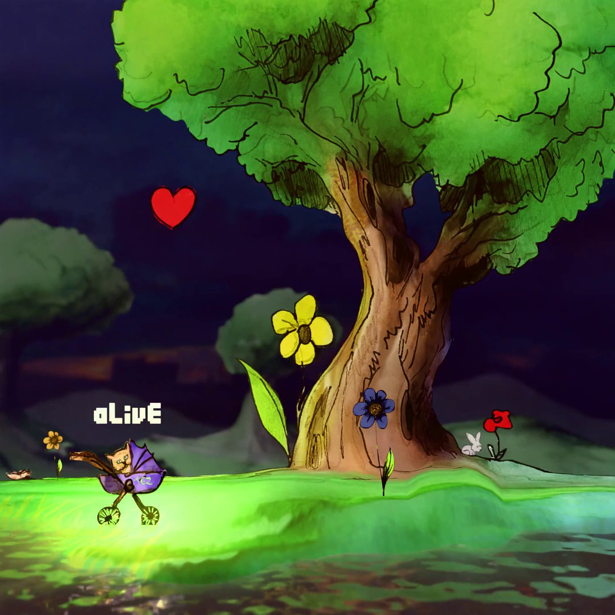 The image features a cartoon tree with flowers, surrounded by water and a river. The scene also includes a person walking near the tree, possibly a baby stroller. The background of the image has a dark blue color, which contrasts with the bright colors of the flowers and the person's clothing. The post is titled "-- Schrödinger'S BOX -- My legendary animation on Tezos around life, death & quantum reality".