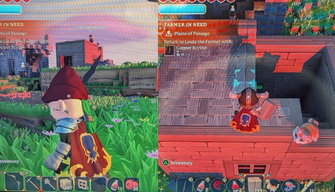 A split-screen video game scene shows a character with a copper scythe completing a 'FARMER IN NEED' quest at the 'Plains of Passage' in both daytime and sunset environments.