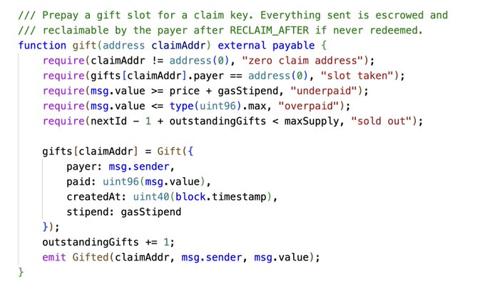 Solidity smart contract code defining a `gift` function that prepays a gift slot for a claim key, with validation checks and event emission.