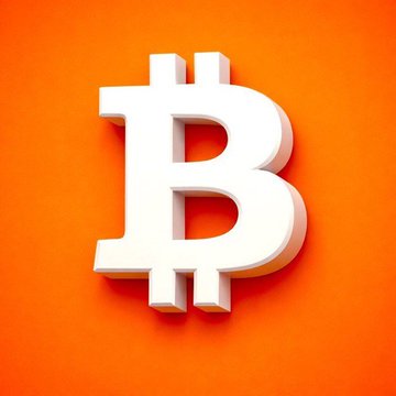 A 3D rendering of the Bitcoin (₿) logo in white against a bright orange gradient background.