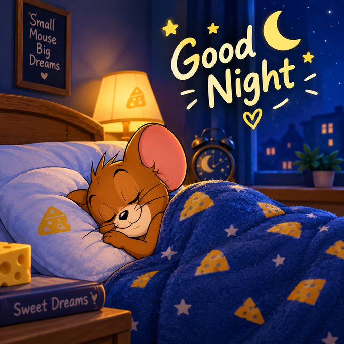 A 'Good Night' digital illustration featuring Jerry from Tom and Jerry sleeping in a blue cheese-patterned bed, surrounded by starry sky elements and 'Sweet Dreams' decor.