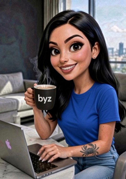 A cartoon-style illustration of a young woman with a scorpion tattoo holding a steaming mug labeled 'byz' while typing on a MacBook laptop.