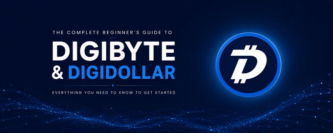 A blue promotional graphic titled 'THE COMPLETE BEGINNER'S GUIDE TO DIGIBYTE & DIGIDOLLAR' with the DigiByte 'D' logo and tagline 'EVERYTHING YOU NEED TO KNOW TO GET STARTED'.