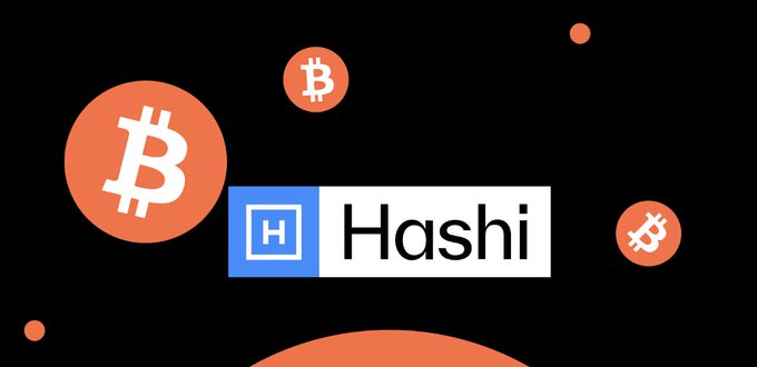 The image features the Hashi logo alongside several Bitcoin symbols, visually representing the post's message about Hashi's platform that enables Bitcoin to be used as programmable collateral on Sui, with over 2 million testnet deposits already recorded.