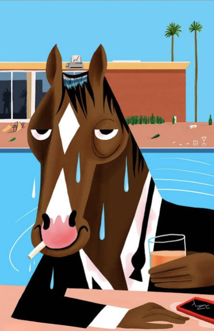 A cartoon illustration of a sweaty, exhausted-looking anthropomorphic horse in a tuxedo, smoking a cigarette and holding a drink poolside with palm trees in the background.